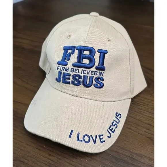FBI Firm Believer In Jesus Beige Adjustable Baseball Cap Embroidered I Love Jesu - Picture 2 of 9